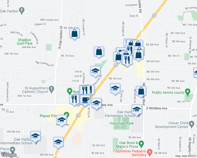 map of restaurants, bars, coffee shops, grocery stores, and more near 301 Northeast Harvest Drive in Oak Harbor