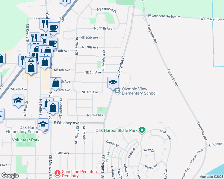 map of restaurants, bars, coffee shops, grocery stores, and more near 485 Northeast Regatta Drive in Oak Harbor
