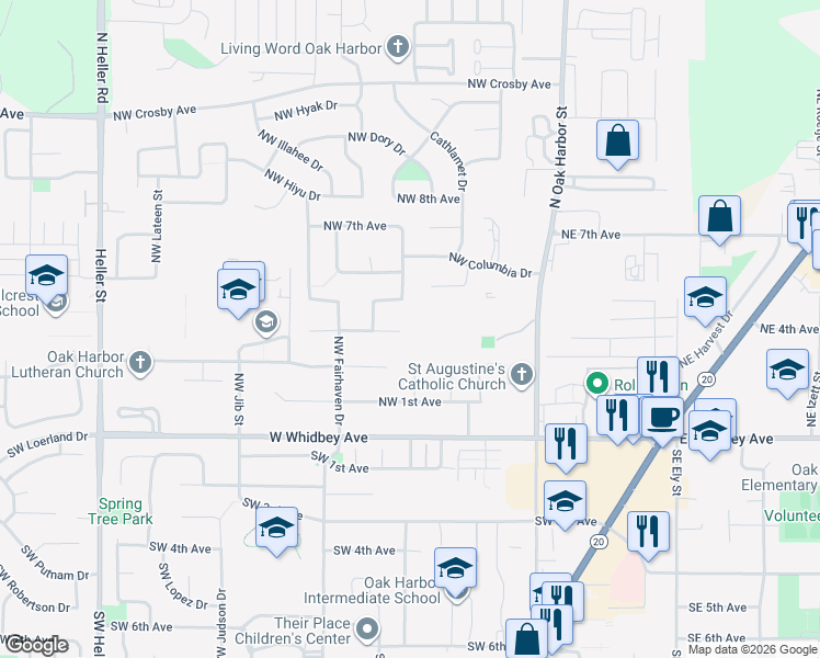 map of restaurants, bars, coffee shops, grocery stores, and more near 410 Northwest 3rd Avenue in Oak Harbor