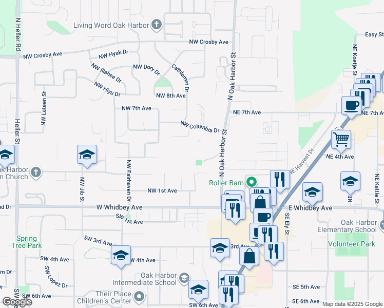map of restaurants, bars, coffee shops, grocery stores, and more near 355 North Oak Harbor Street in Oak Harbor