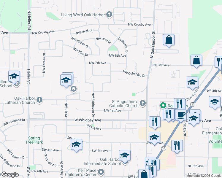 map of restaurants, bars, coffee shops, grocery stores, and more near 410 Northwest 3rd Avenue in Oak Harbor