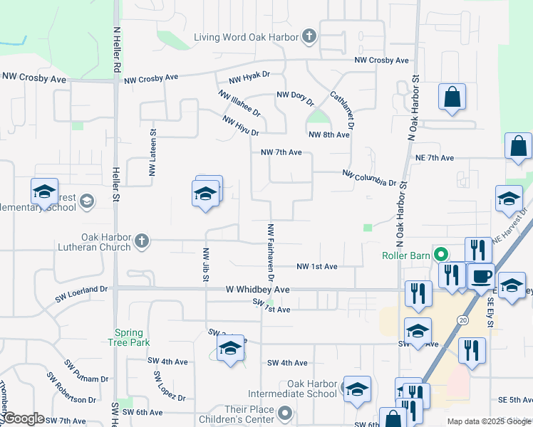 map of restaurants, bars, coffee shops, grocery stores, and more near 327 Northwest Fairhaven Drive in Oak Harbor
