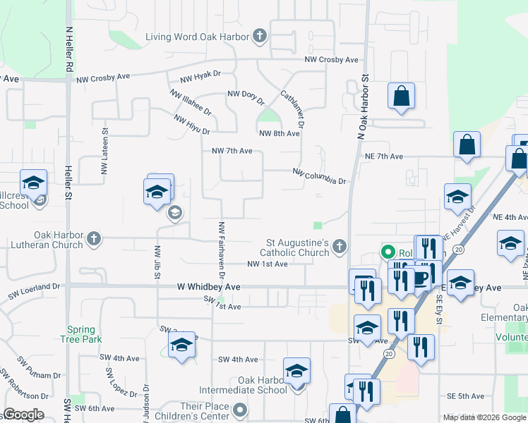 map of restaurants, bars, coffee shops, grocery stores, and more near 410 Northwest 3rd Avenue in Oak Harbor