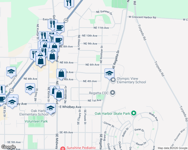 map of restaurants, bars, coffee shops, grocery stores, and more near 1723 Northeast 5th Avenue in Oak Harbor