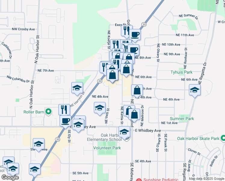 map of restaurants, bars, coffee shops, grocery stores, and more near 410 Northeast Izett Street in Oak Harbor