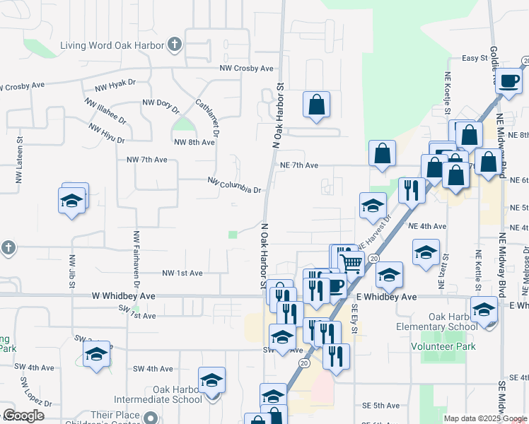 map of restaurants, bars, coffee shops, grocery stores, and more near 300 North Oak Harbor Street in Oak Harbor