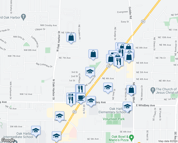 map of restaurants, bars, coffee shops, grocery stores, and more near 400 Northeast Ellis Way in Oak Harbor