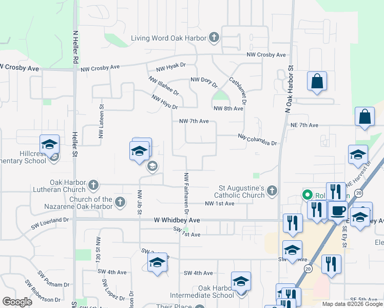 map of restaurants, bars, coffee shops, grocery stores, and more near 327 Northwest Fairhaven Drive in Oak Harbor