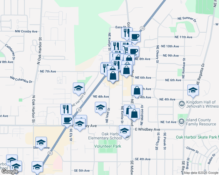 map of restaurants, bars, coffee shops, grocery stores, and more near 410 Northeast Izett Street in Oak Harbor