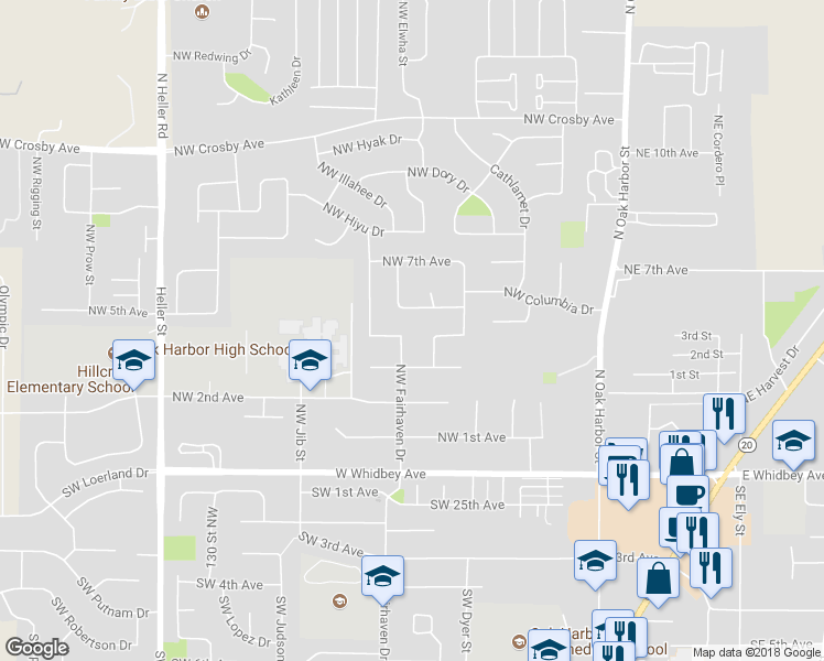 map of restaurants, bars, coffee shops, grocery stores, and more near 327 Northwest Fairhaven Drive in Oak Harbor