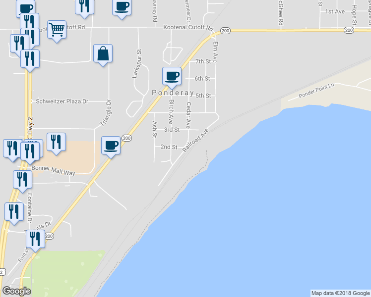 map of restaurants, bars, coffee shops, grocery stores, and more near Railroad Avenue in Ponderay