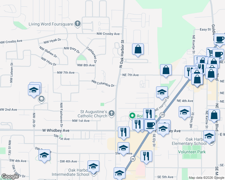 map of restaurants, bars, coffee shops, grocery stores, and more near 51 Northwest Columbia Drive in Oak Harbor