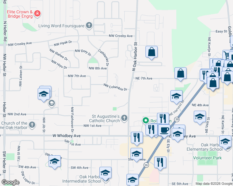 map of restaurants, bars, coffee shops, grocery stores, and more near 690 Northwest Atalanta Way in Oak Harbor