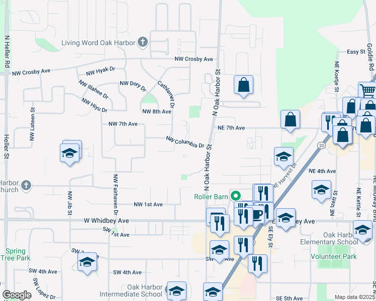 map of restaurants, bars, coffee shops, grocery stores, and more near 690 Northwest Atalanta Way in Oak Harbor
