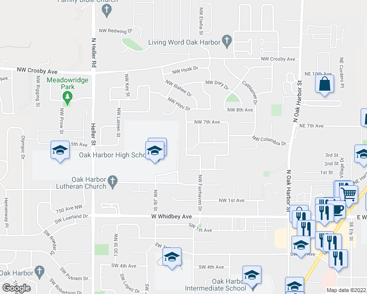 map of restaurants, bars, coffee shops, grocery stores, and more near 555 Northwest Fairhaven Drive in Oak Harbor