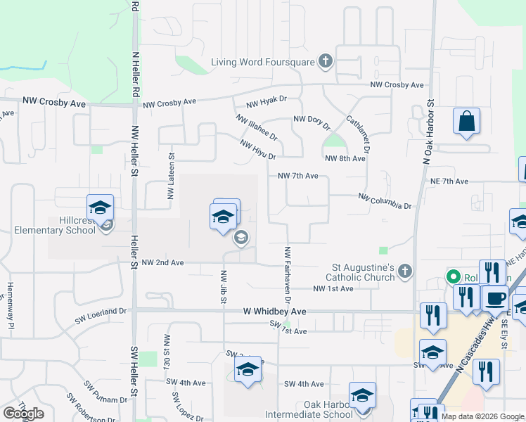 map of restaurants, bars, coffee shops, grocery stores, and more near 587 Northwest Fairhaven Drive in Oak Harbor