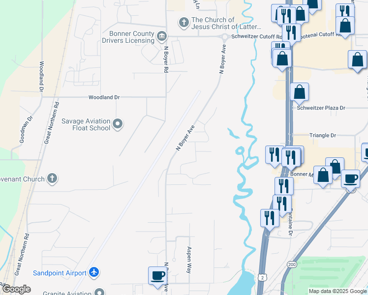 map of restaurants, bars, coffee shops, grocery stores, and more near 3012 North Boyer Avenue in Sandpoint