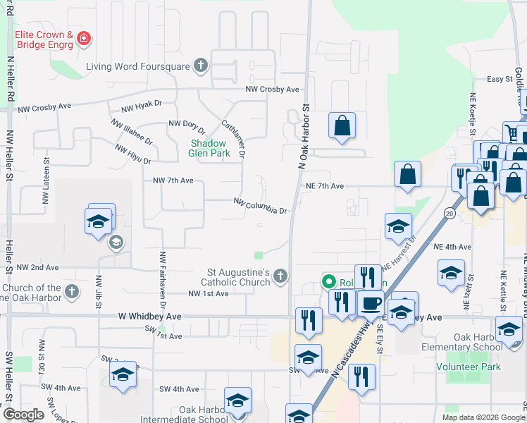 map of restaurants, bars, coffee shops, grocery stores, and more near 111 Northwest Columbia Drive in Oak Harbor