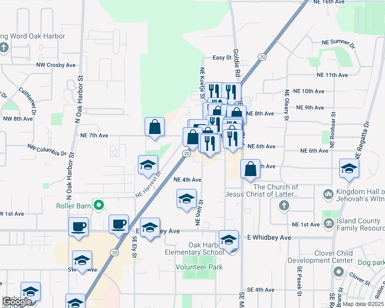 map of restaurants, bars, coffee shops, grocery stores, and more near 32630 State Route 20 in Oak Harbor