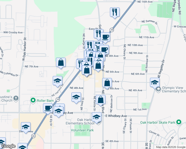 map of restaurants, bars, coffee shops, grocery stores, and more near 551 Northeast Midway Boulevard in Oak Harbor