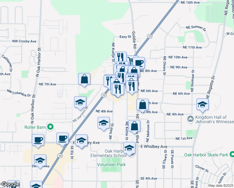 map of restaurants, bars, coffee shops, grocery stores, and more near 32650 Washington 20 in Oak Harbor