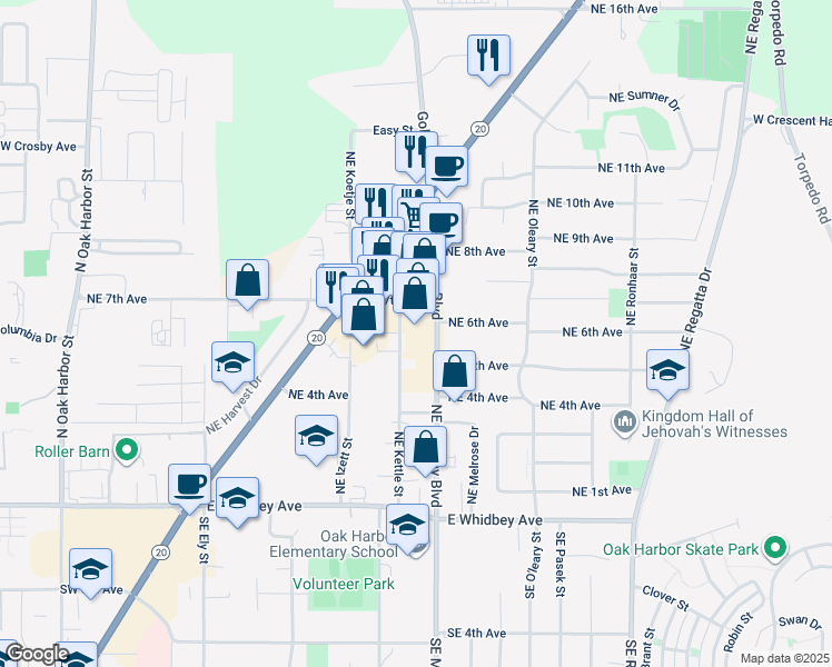 map of restaurants, bars, coffee shops, grocery stores, and more near 551 Northeast Midway Boulevard in Oak Harbor