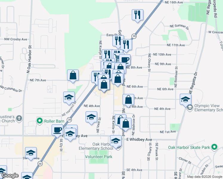 map of restaurants, bars, coffee shops, grocery stores, and more near 551 Northeast Midway Boulevard in Oak Harbor