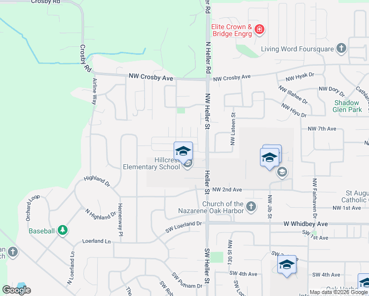 map of restaurants, bars, coffee shops, grocery stores, and more near 1596 Northwest 5th Avenue in Oak Harbor