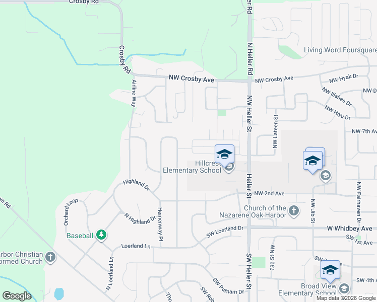 map of restaurants, bars, coffee shops, grocery stores, and more near 2562 Olympic Drive in Oak Harbor