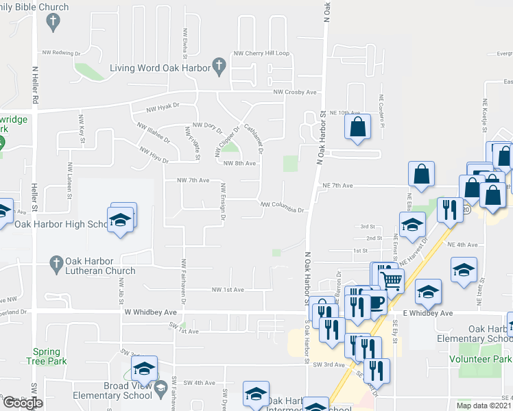 map of restaurants, bars, coffee shops, grocery stores, and more near 221 Northwest Columbia Drive in Oak Harbor