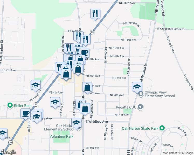 map of restaurants, bars, coffee shops, grocery stores, and more near 1371 Northeast 6th Avenue in Oak Harbor