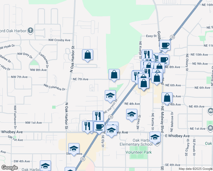 map of restaurants, bars, coffee shops, grocery stores, and more near 537 Northeast Ellis Way in Oak Harbor