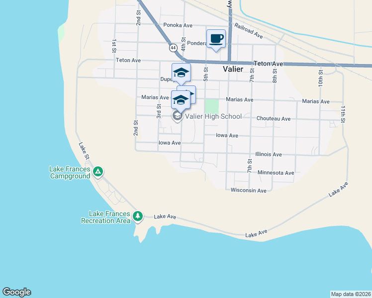 map of restaurants, bars, coffee shops, grocery stores, and more near 403 Illinois Avenue in Valier