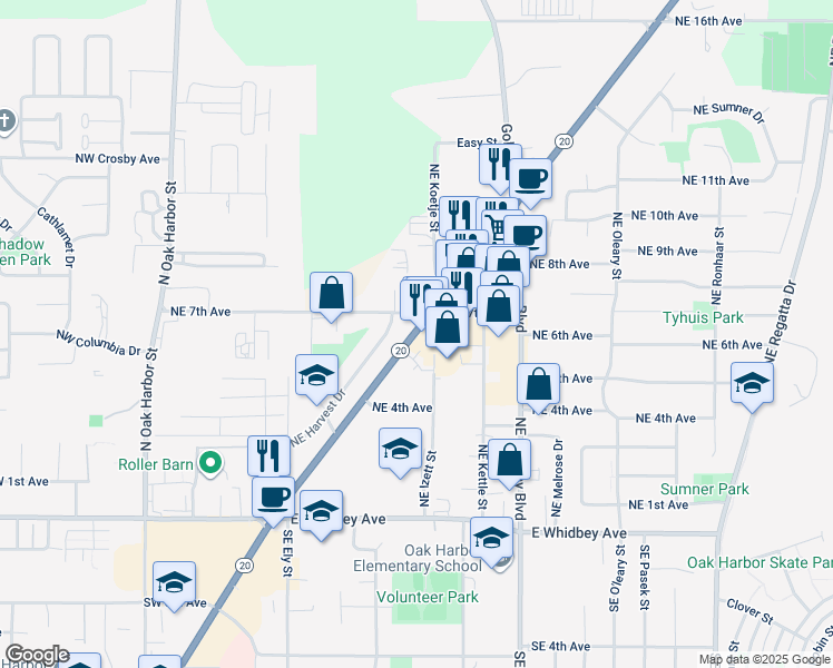 map of restaurants, bars, coffee shops, grocery stores, and more near 32630 State Route 20 in Oak Harbor