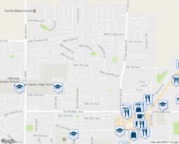 map of restaurants, bars, coffee shops, grocery stores, and more near 476 Northwest Columbia Drive in Oak Harbor