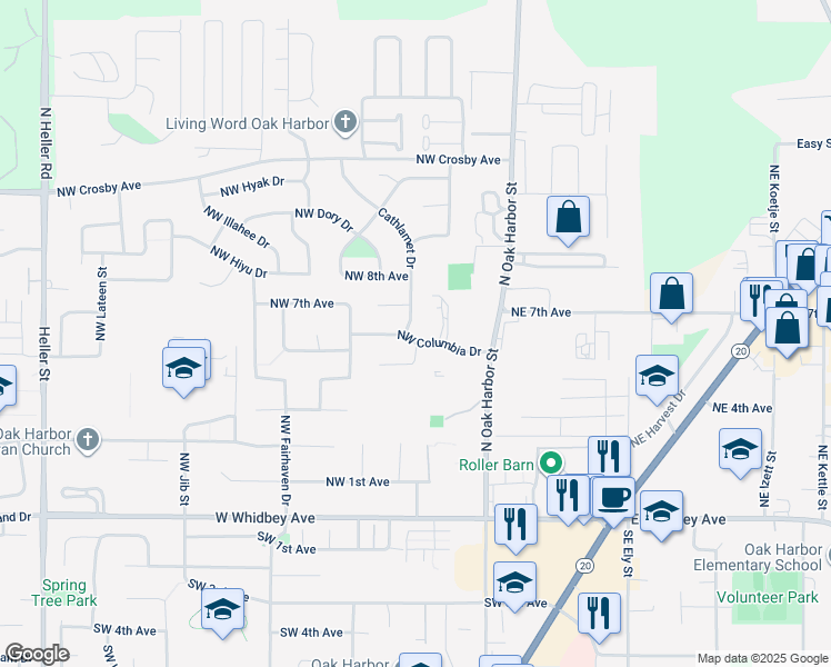 map of restaurants, bars, coffee shops, grocery stores, and more near 221 Northwest Columbia Drive in Oak Harbor