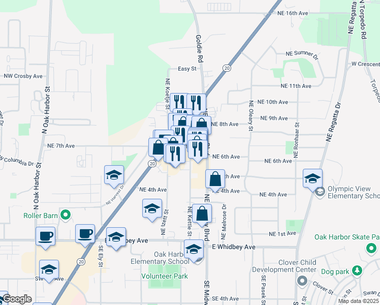 map of restaurants, bars, coffee shops, grocery stores, and more near 551 Northeast Midway Boulevard in Oak Harbor