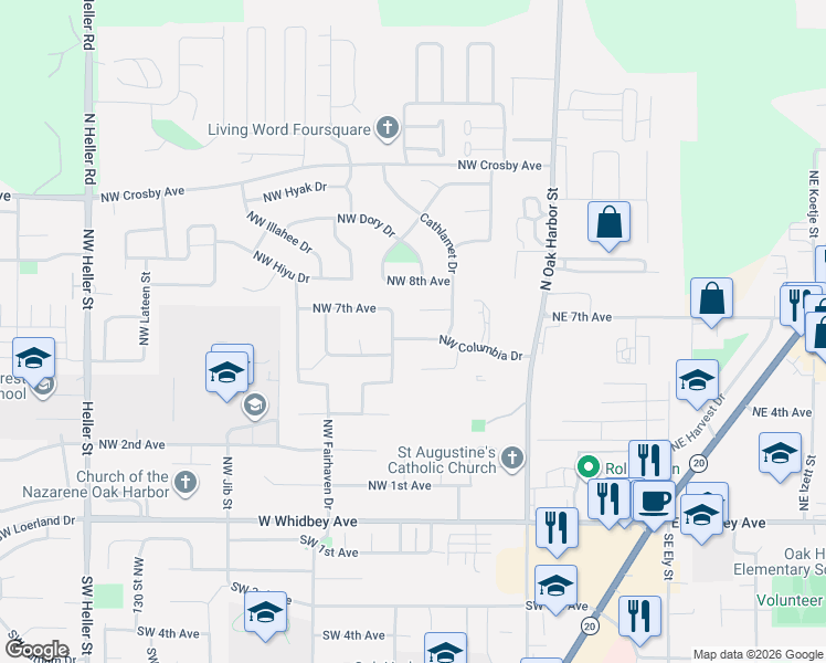 map of restaurants, bars, coffee shops, grocery stores, and more near 598 Northwest Ensign Drive in Oak Harbor