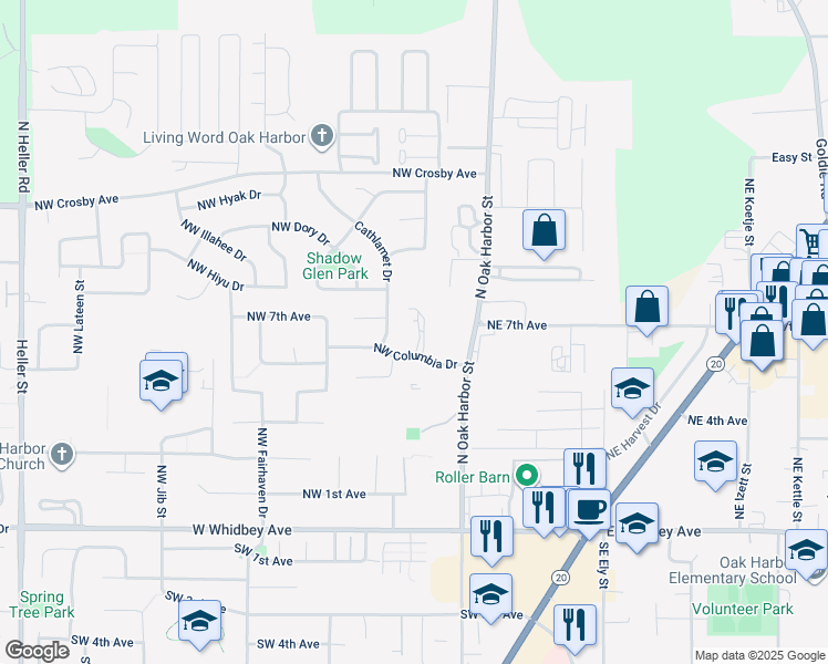 map of restaurants, bars, coffee shops, grocery stores, and more near 690 Northwest Atalanta Way in Oak Harbor