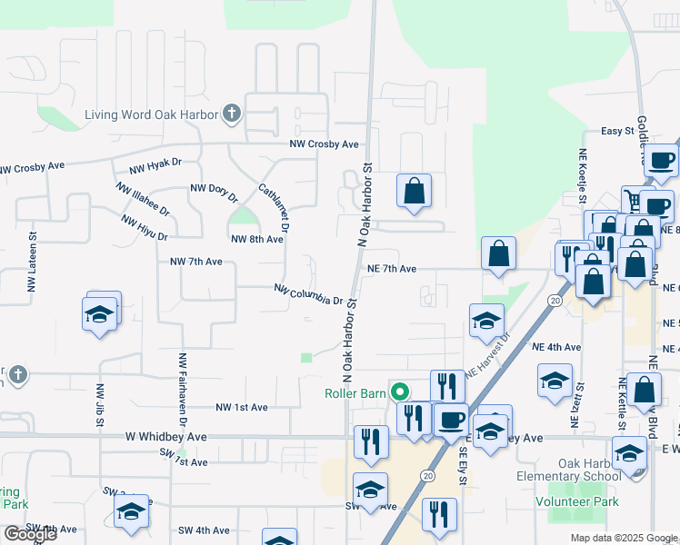 map of restaurants, bars, coffee shops, grocery stores, and more near 690 Northwest Atalanta Way in Oak Harbor