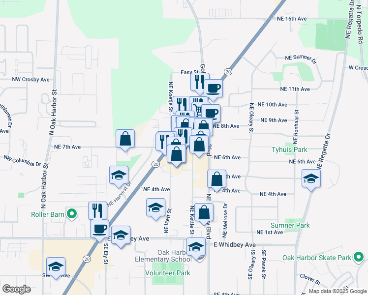 map of restaurants, bars, coffee shops, grocery stores, and more near 4920 Northeast 7th Avenue in Oak Harbor