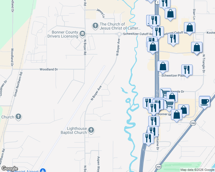 map of restaurants, bars, coffee shops, grocery stores, and more near Spring Creek Way in Sandpoint
