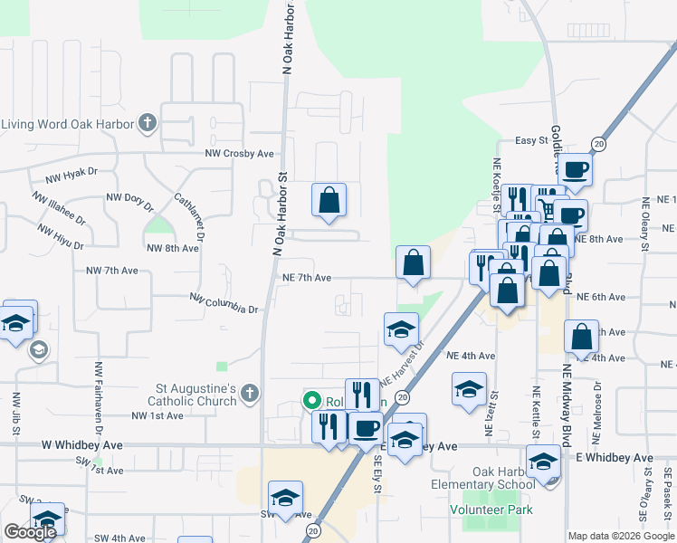 map of restaurants, bars, coffee shops, grocery stores, and more near 260 Northeast 7th Avenue in Oak Harbor