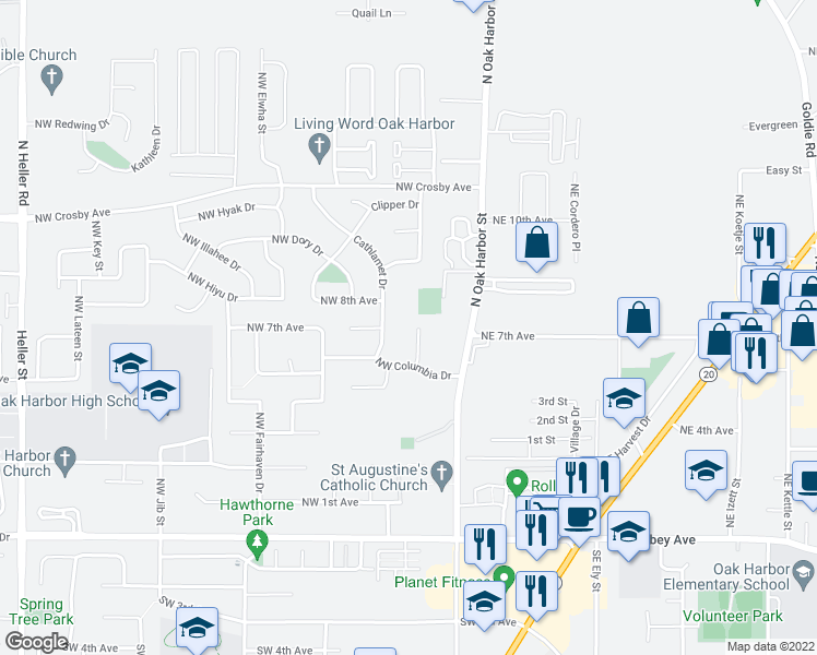 map of restaurants, bars, coffee shops, grocery stores, and more near 697 Northwest Atalanta Way in Oak Harbor