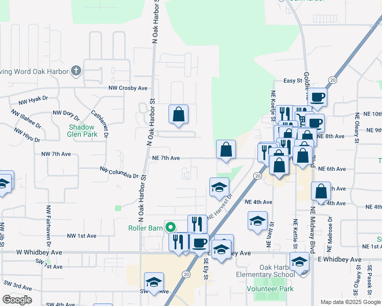 map of restaurants, bars, coffee shops, grocery stores, and more near 330 Northeast 7th Avenue in Oak Harbor