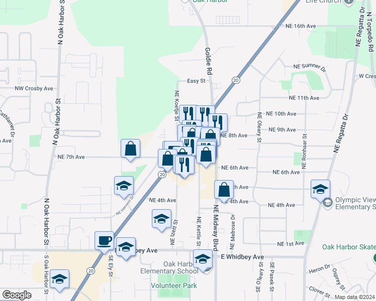 map of restaurants, bars, coffee shops, grocery stores, and more near 32760 Washington 20 in Oak Harbor