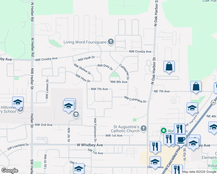 map of restaurants, bars, coffee shops, grocery stores, and more near 802 Northwest Frigate Street in Oak Harbor