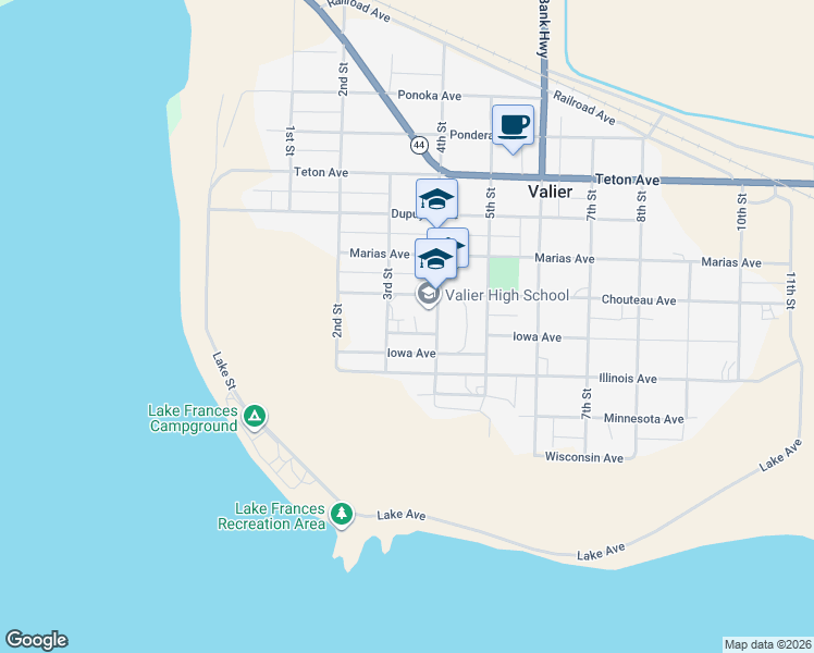 map of restaurants, bars, coffee shops, grocery stores, and more near 301 Iowa Avenue in Valier