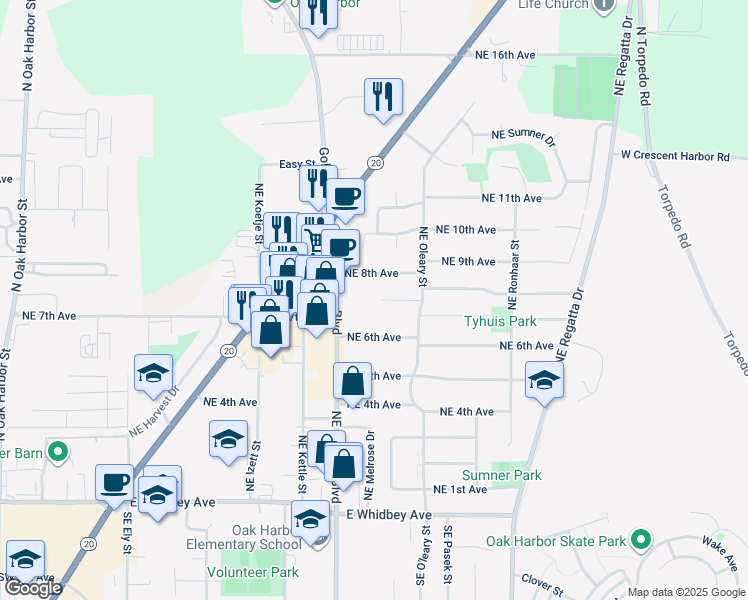 map of restaurants, bars, coffee shops, grocery stores, and more near 1358 Northeast 7th Place in Oak Harbor
