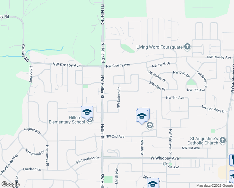 map of restaurants, bars, coffee shops, grocery stores, and more near 725 Northwest Lateen Street in Oak Harbor